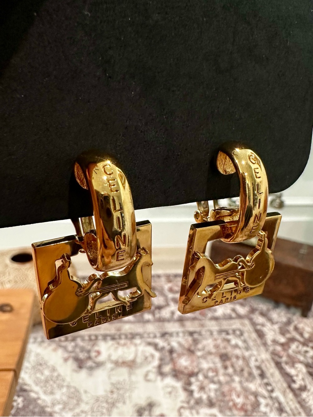 CELINE 3-Way Convertible Earring Set - Gold-Tone Sulky Horse & Carriage -Rare